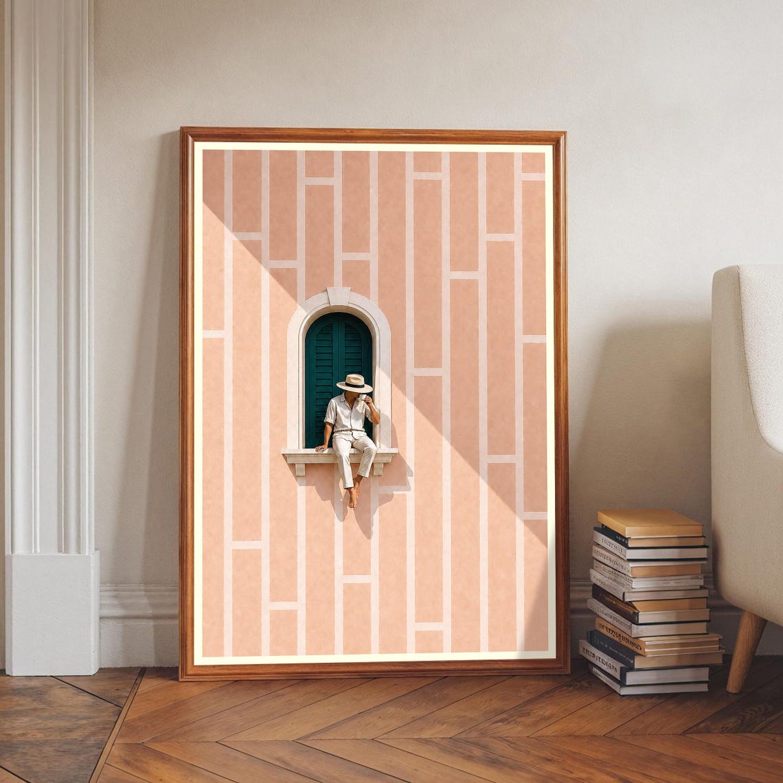 Window Ledge Abstract Wall Art Seated Figure Print Peach Green Decor Minimalist