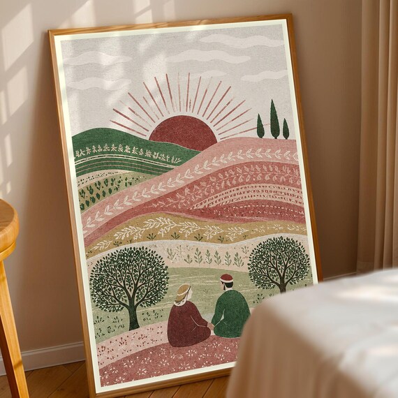 Boho Couple Landscape, Folk Art Sunset