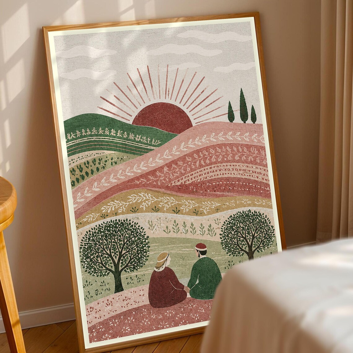 Boho Couple Landscape, Folk Art Sunset