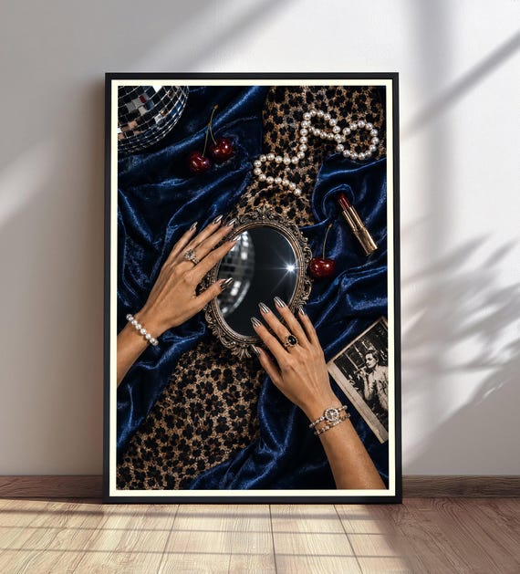 Glam Wall Art Disco Ball Mirror Print Leopard Fashion Illustration Maximalist Apartment Decor Girly