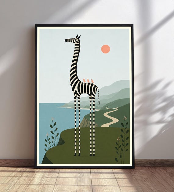 Zebra Ocean Sunset Print Coastal Animal Wall Art Safari Landscape Decor Wildlife Poster