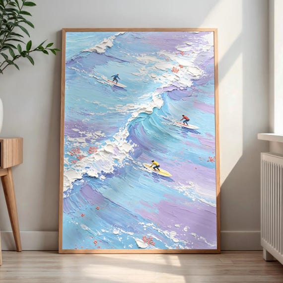 Impasto Ocean Wave Print Surfer Beach Wall Art Coastal Home Decor Large Printable Poster