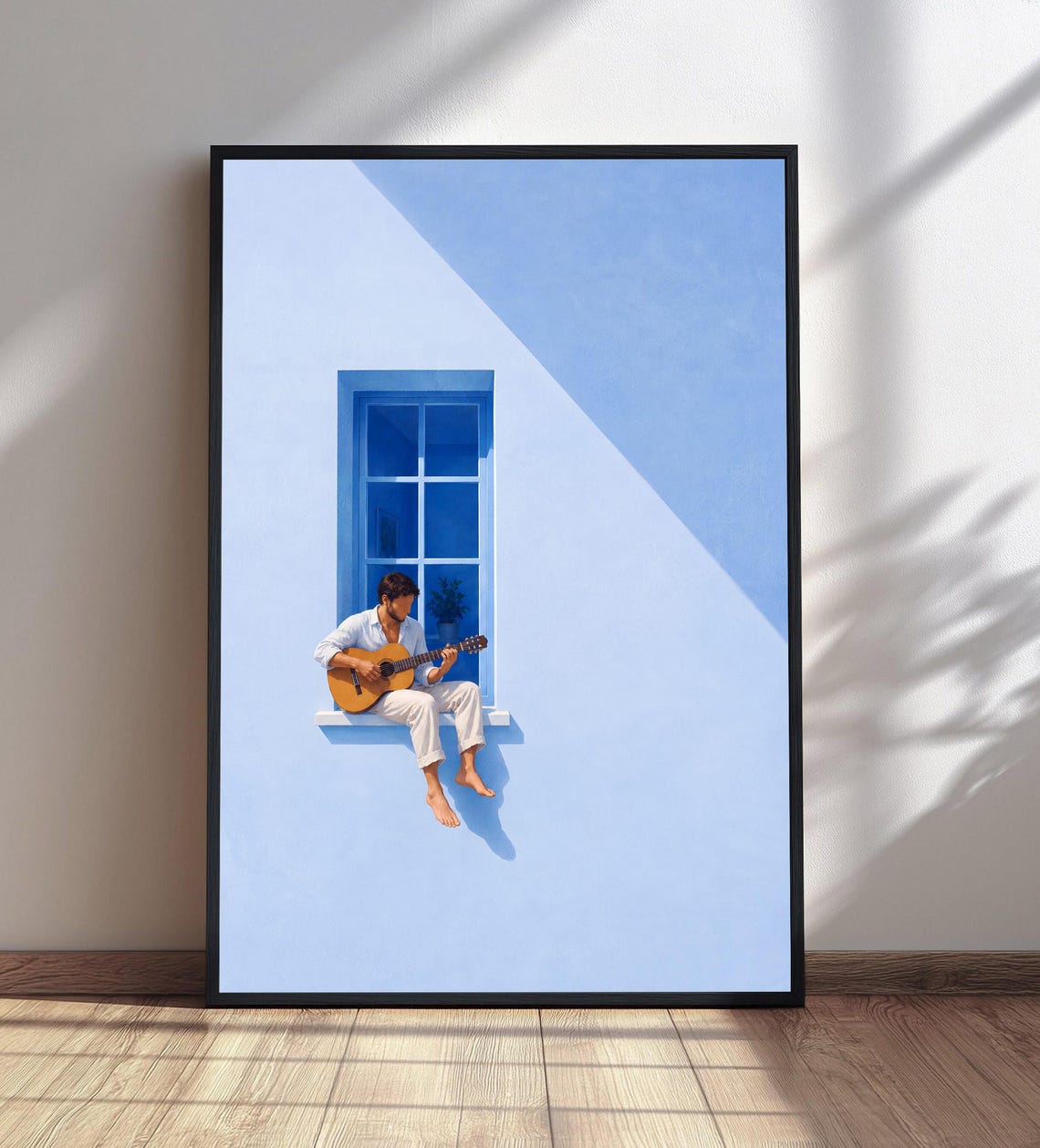Guitar Player Window Art Minimalist Blue Wall Decor Diagonal Shadow Print Musician