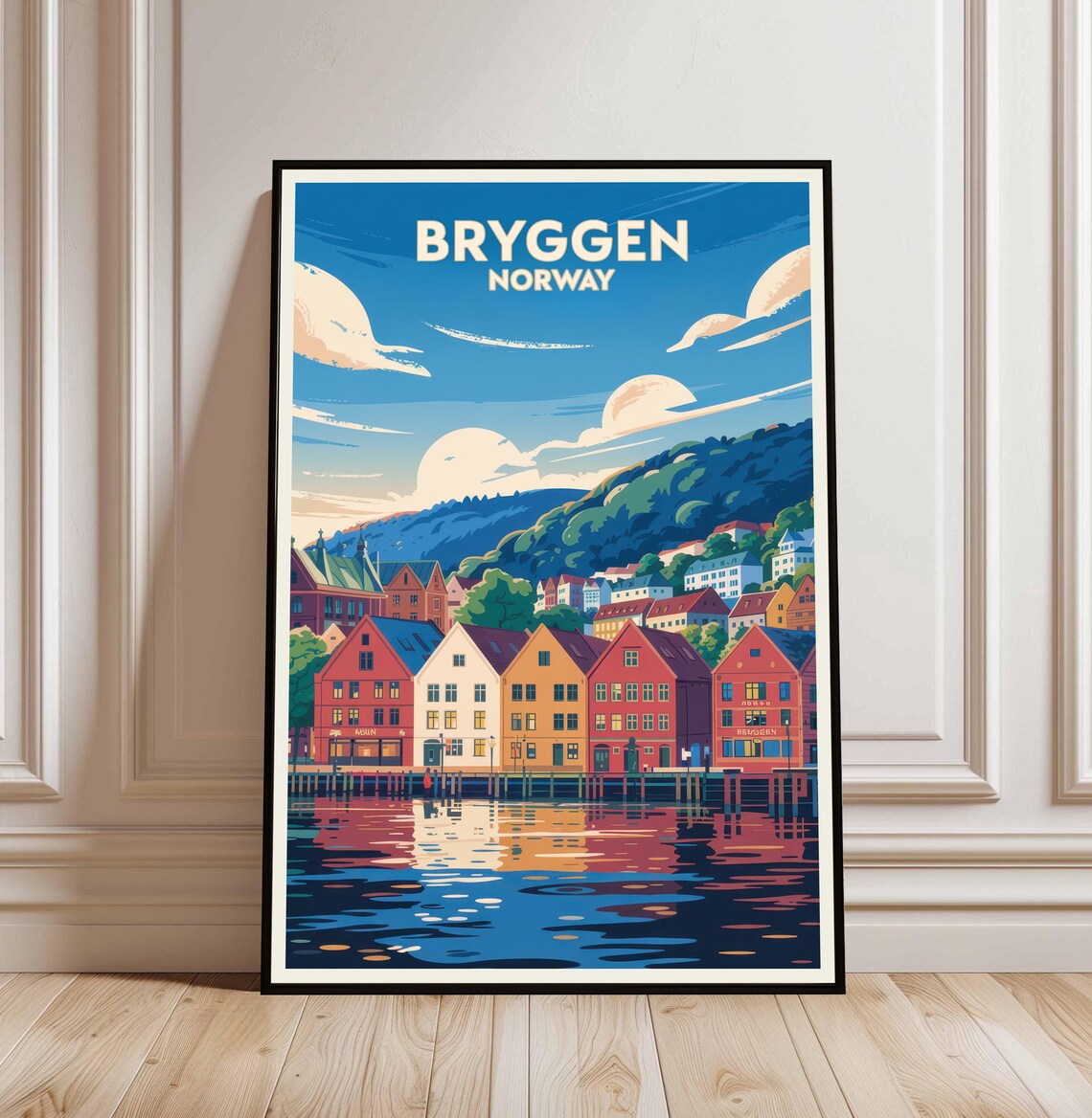 Bryggen Norway Bergen Waterfront Houses Vintage Travel Style Poster