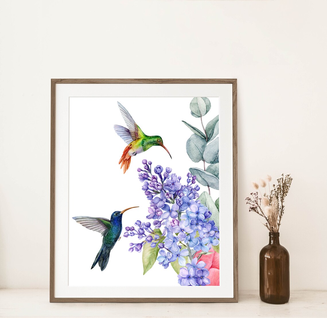 Watercolor Hummingbirds and Purple Lilac Blossom Garden Wall Poster - Image 2
