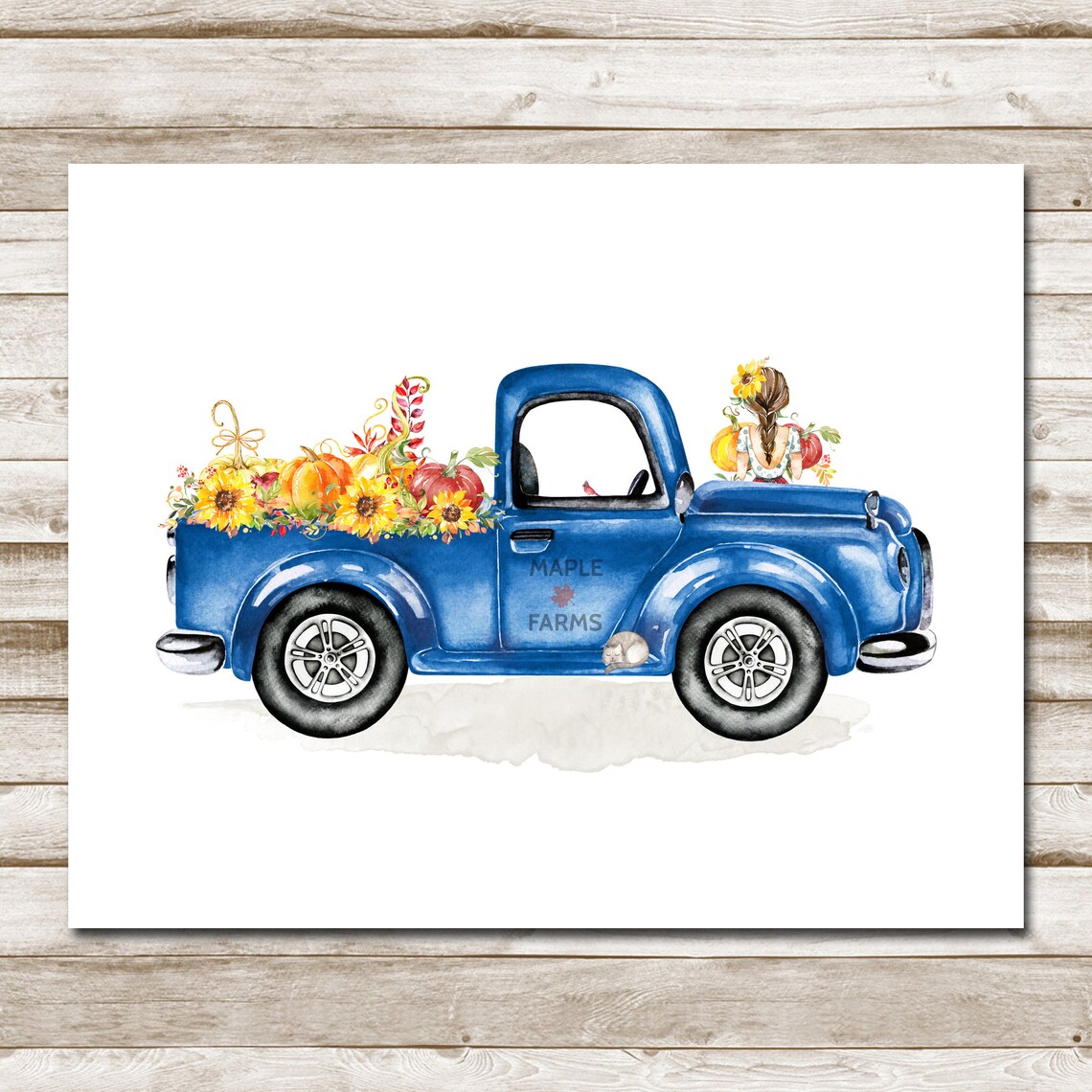 Vintage Blue Farm Truck Sunflowers Maple Farms Fall Harvest Print - Image 4