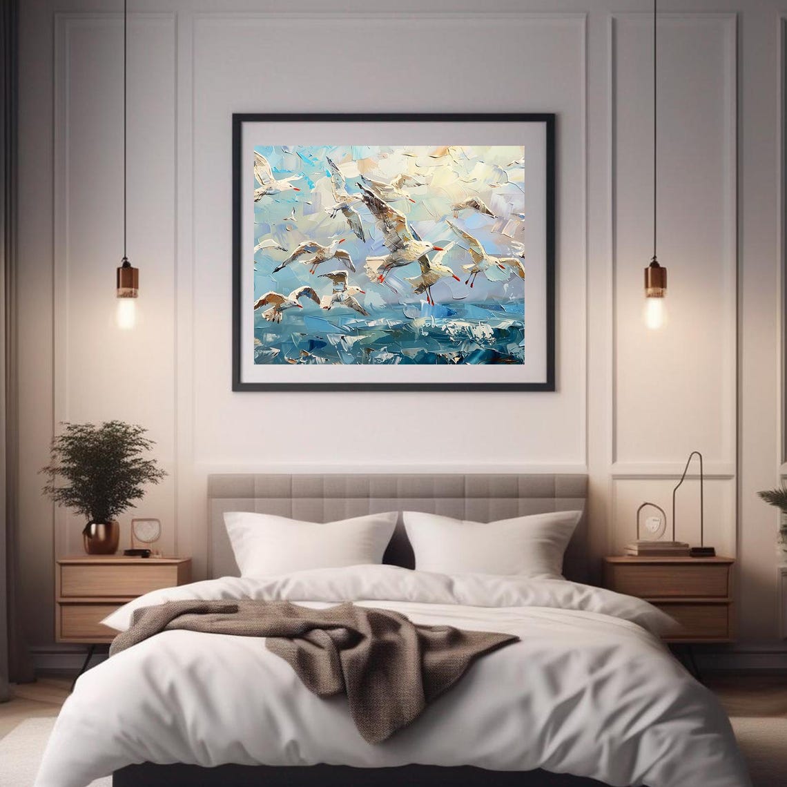 Seagull Flock Soaring Over Blue Sea Sky Dynamic Painting Poster - Image 2