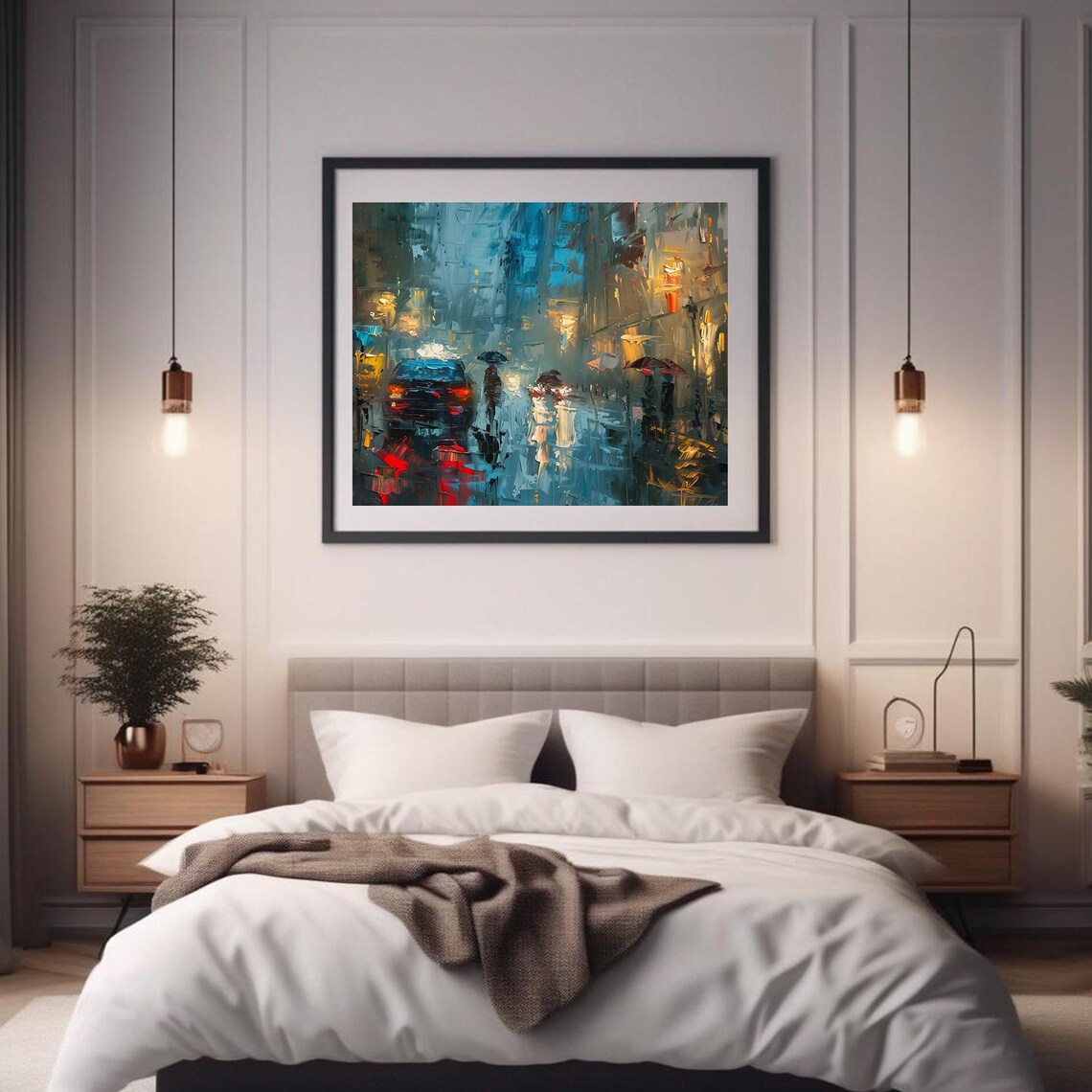 Rainy City Street Night Umbrellas Reflections Urban Art Poster - Image 2