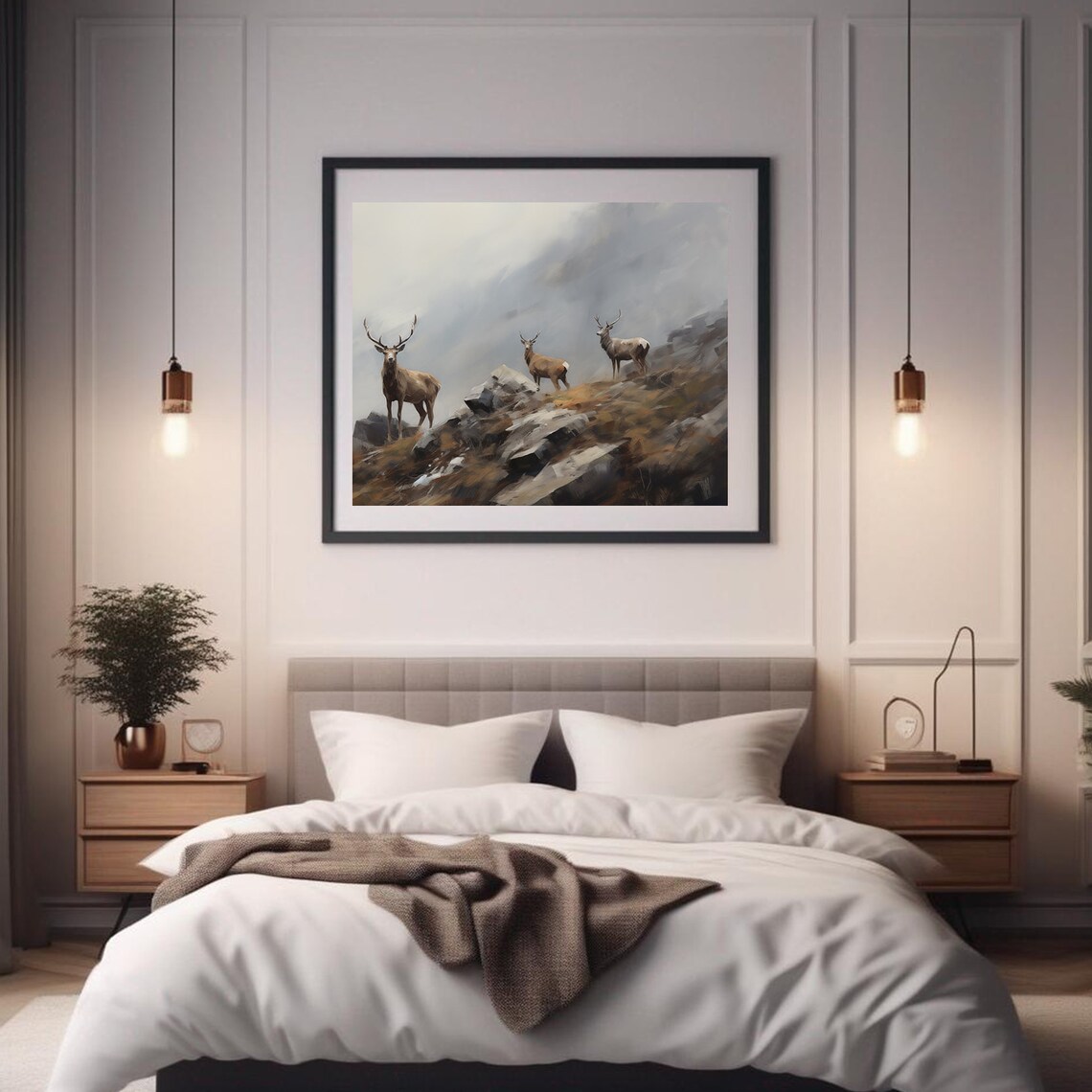 Misty Mountain Deer Painting Three Stags Rocky Ridge Wildlife Art Poster - Image 4