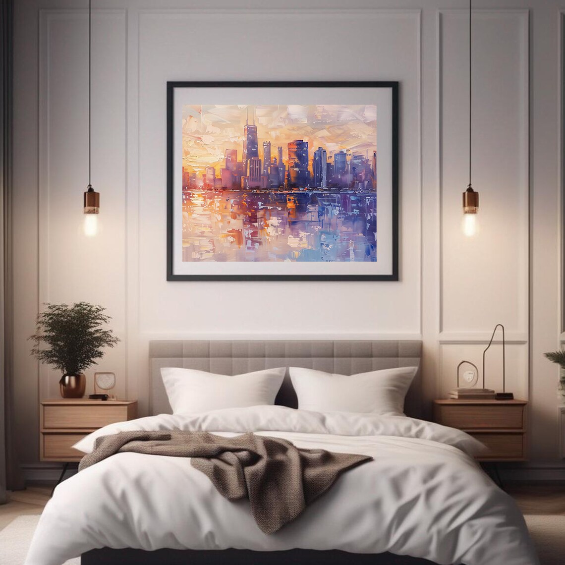 Chicago Skyline Sunset Reflection Lake Impressionist Painting Wall Art - Image 2