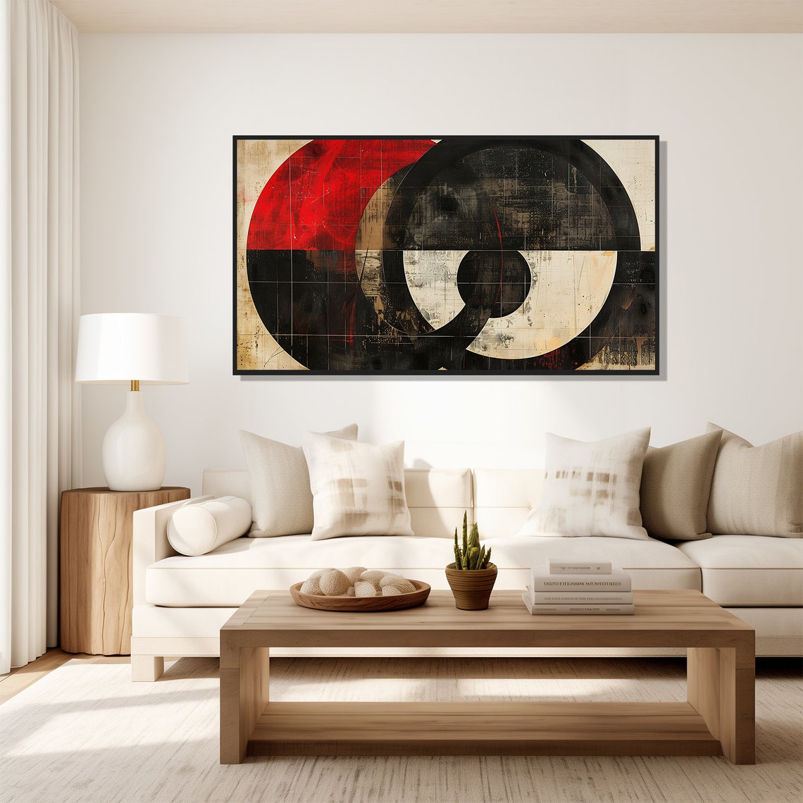 Red Black Cream Overlapping Circles Modern Geometric Abstract Wall Art - Image 5
