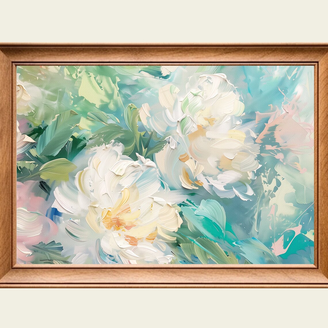White Blossom Impasto Floral Teal Green Pink Modern Painting Wall Art