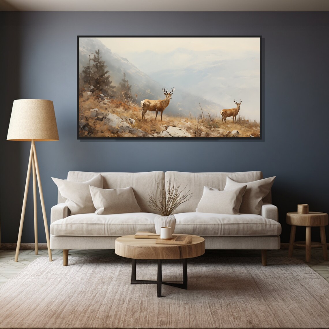 Vintage Foggy Mountain Deer Stags Wildlife Oil Painting Wall Art Print - Image 5