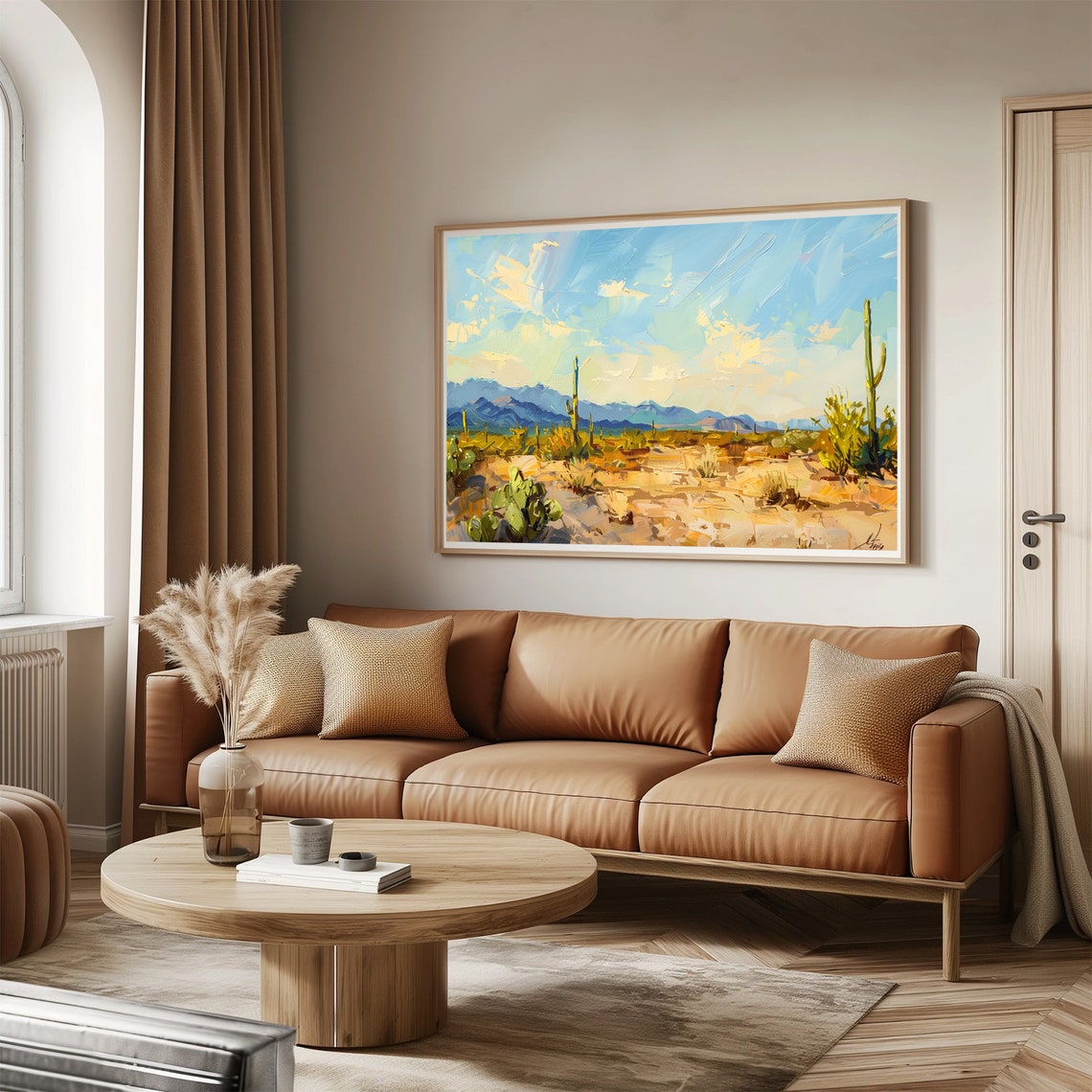 Bright Sunny Desert Saguaro Cactus Blue Sky Mountain Painting Wall Art - Image 3