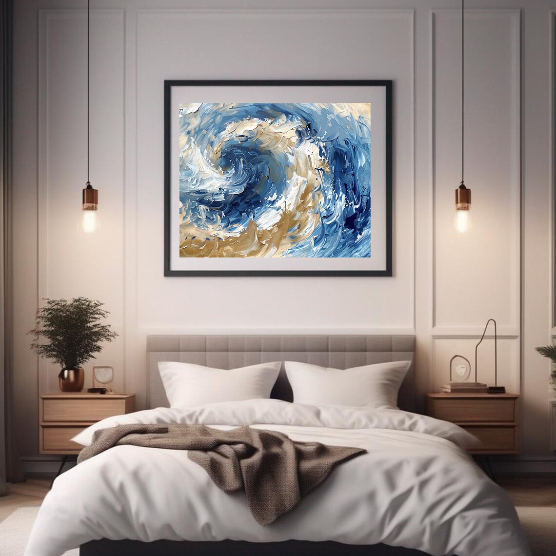 Blue Gold Swirl Abstract Painting Ocean Vortex Wave Impasto Art Poster - Image 2