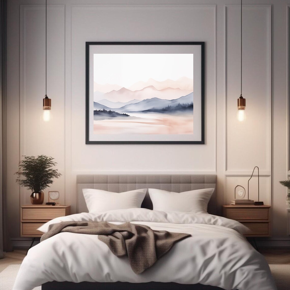 Misty Watercolor Mountain Layers Soft Pink Blue Calm Lake Wall Art - Image 2