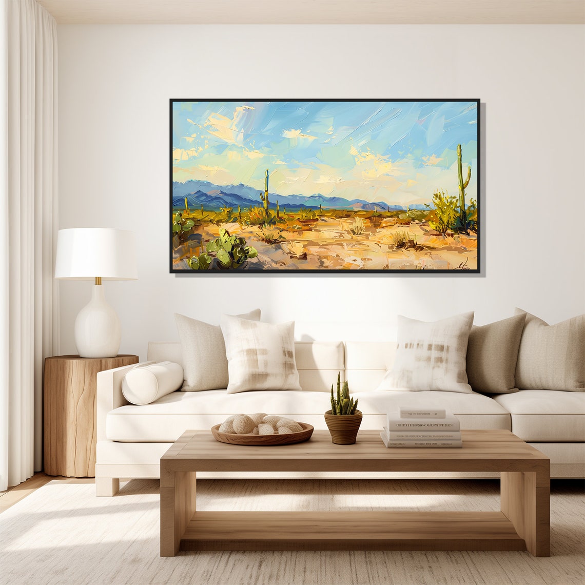 Bright Sunny Desert Saguaro Cactus Blue Sky Mountain Painting Wall Art - Image 5