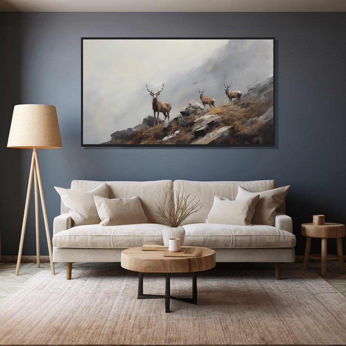 Misty Mountain Deer Painting Three Stags Rocky Ridge Wildlife Art Poster - Image 5