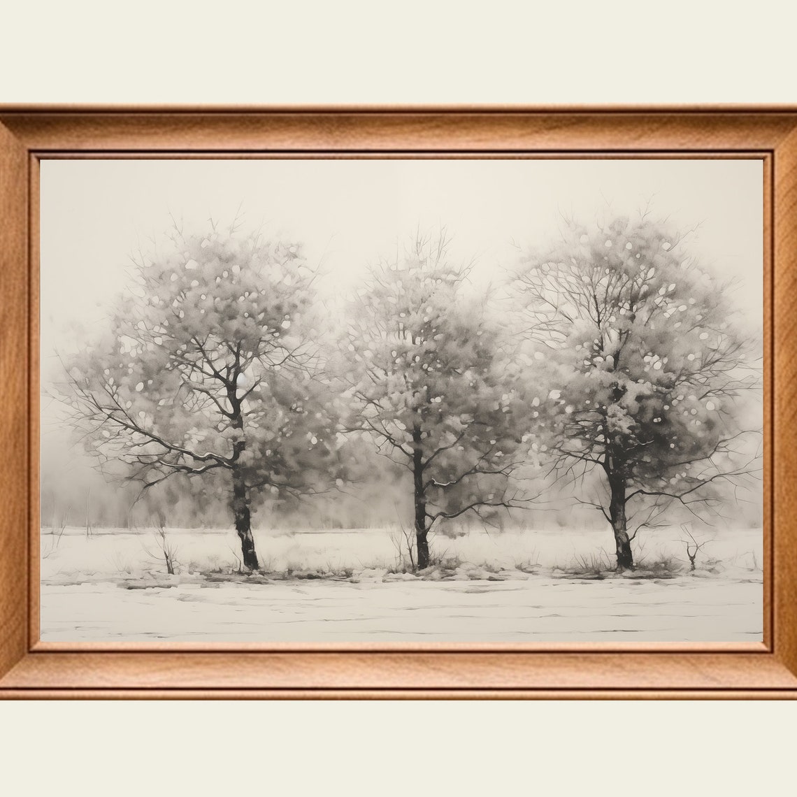 Monochrome Winter Trees Snowy Forest Minimal Vintage Painting Wall Art