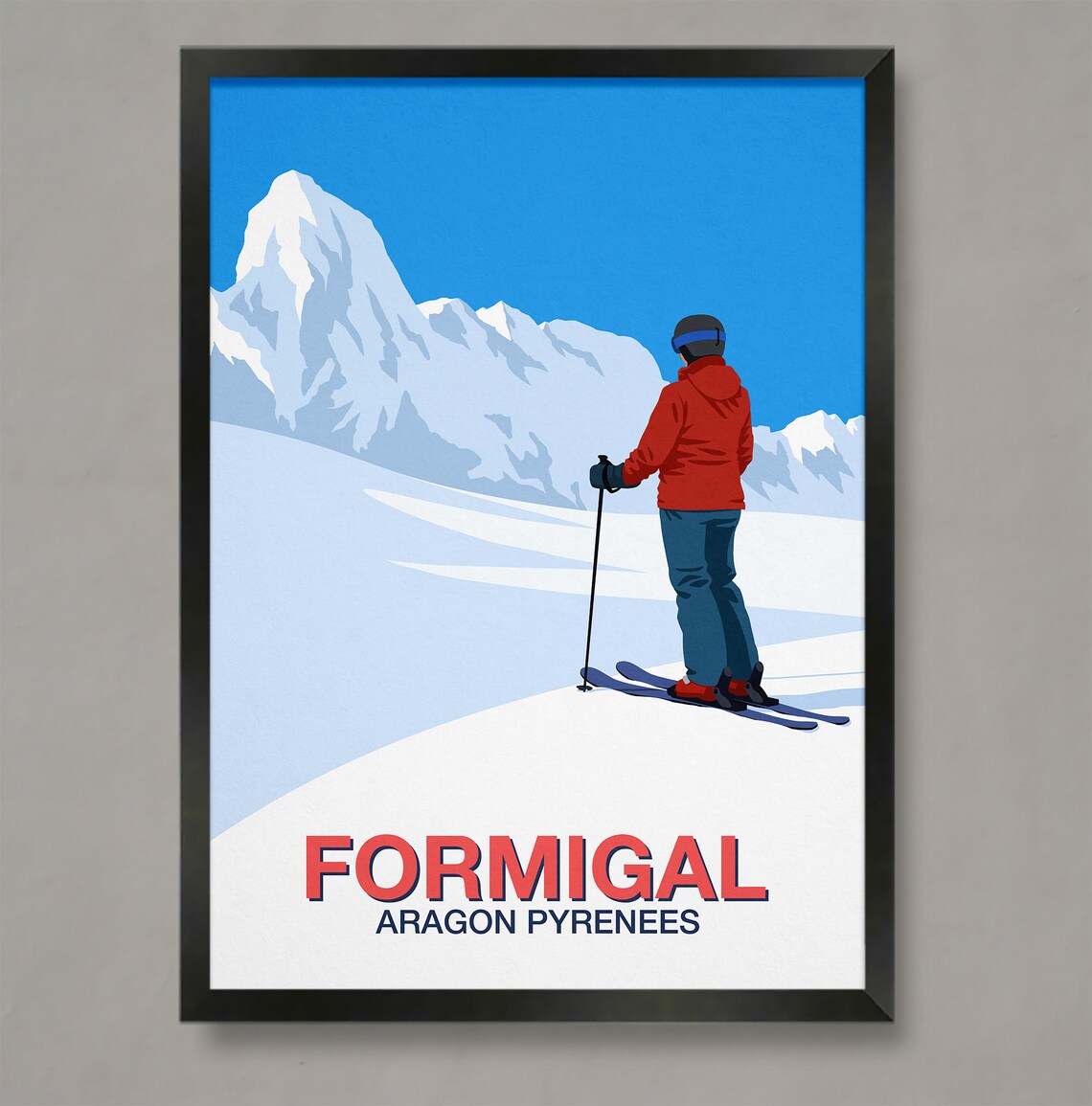Formigal Ski Resort Poster with Skier Overlooking Aragon Pyrenees Peaks