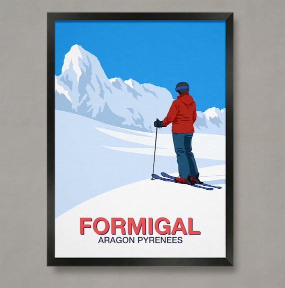 Formigal Ski Resort Poster with Skier Overlooking Aragon Pyrenees Peaks