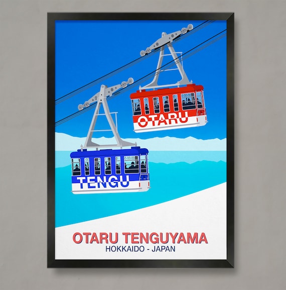 Otaru Tenguyama Ski Poster with Red and Blue Cable Cars Hokkaido Japan