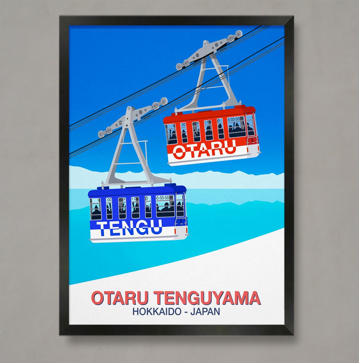 Otaru Tenguyama Ski Poster with Red and Blue Cable Cars Hokkaido Japan