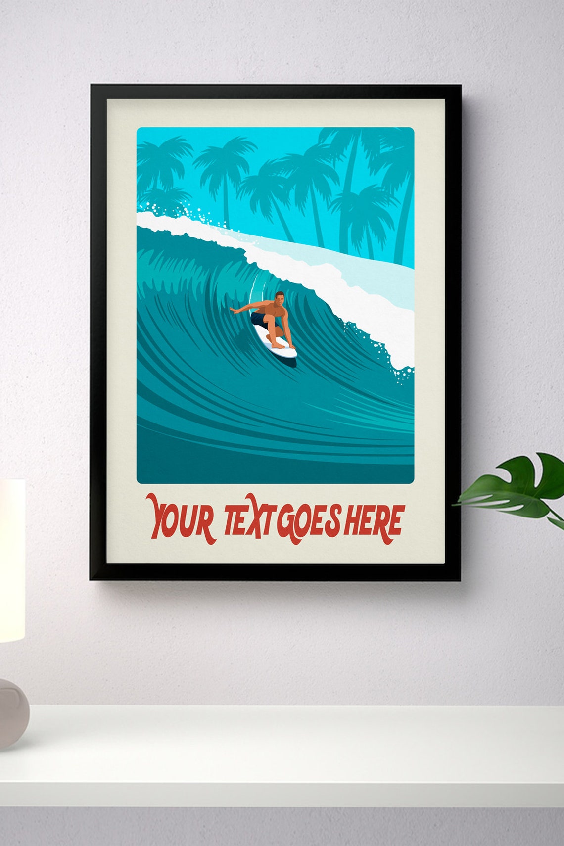 Personalised Palm Tree Surf Poster Custom Text Curling Wave Surfer Art - Image 4
