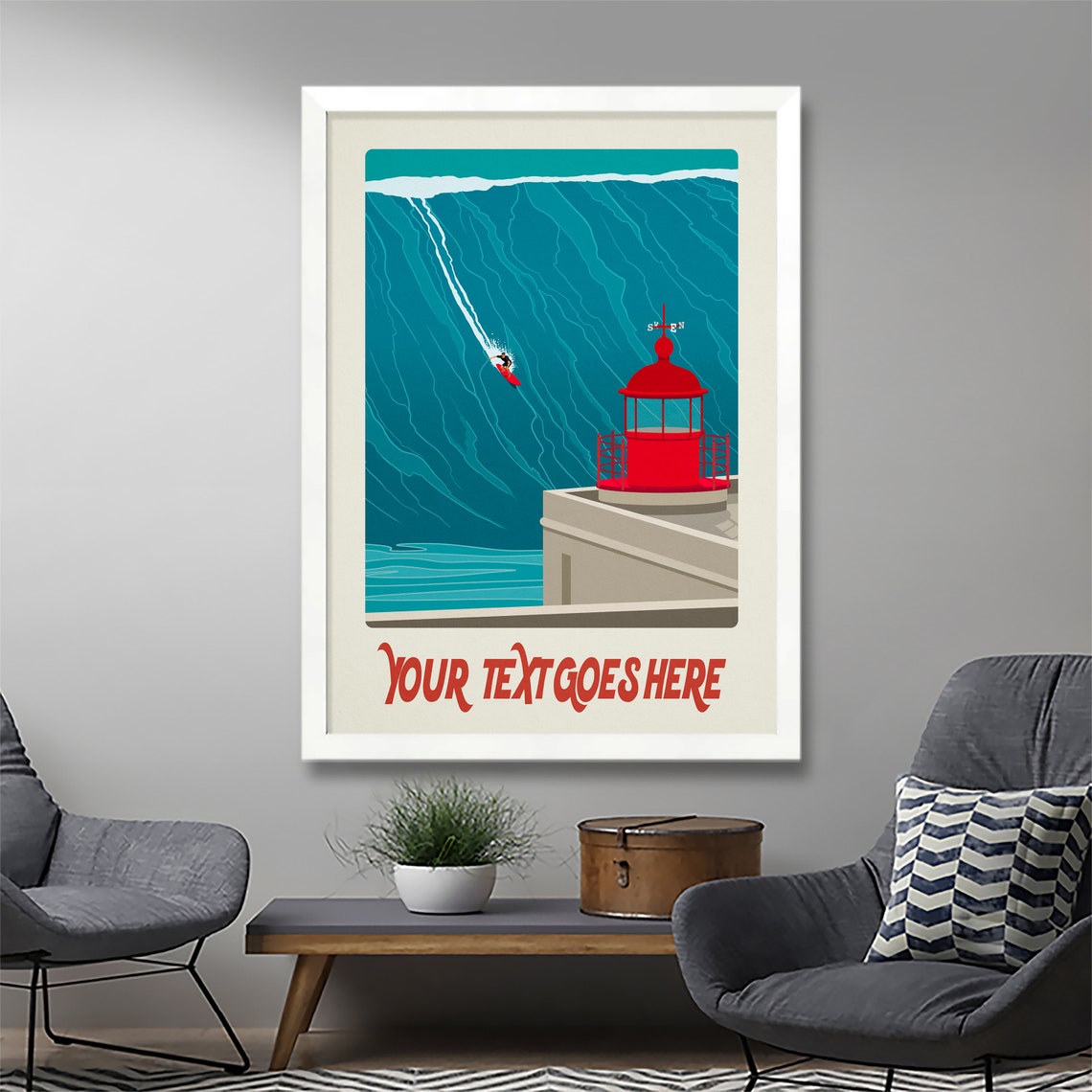 Personalised Surf Poster Red Lighthouse Surfer Big Wave Custom Text - Image 3