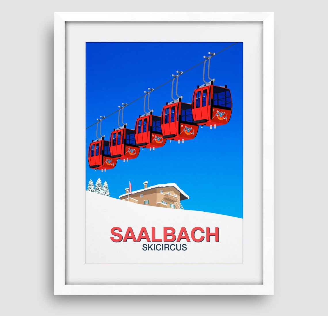 Saalbach Skicircus Ski Poster Red Gondolas Austrian Chalet Art - Image 4