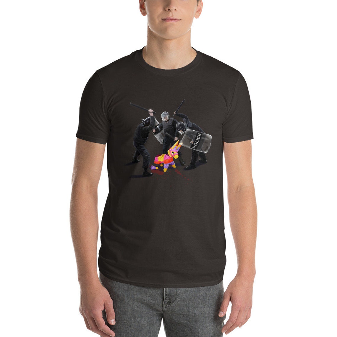 Riot Party Pinata Police Satirical Graphic Tee Short Sleeve Art Print - Image 3
