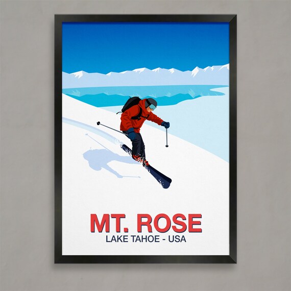 Mt Rose Ski Poster with Skier Carving Above Lake Tahoe USA Peaks