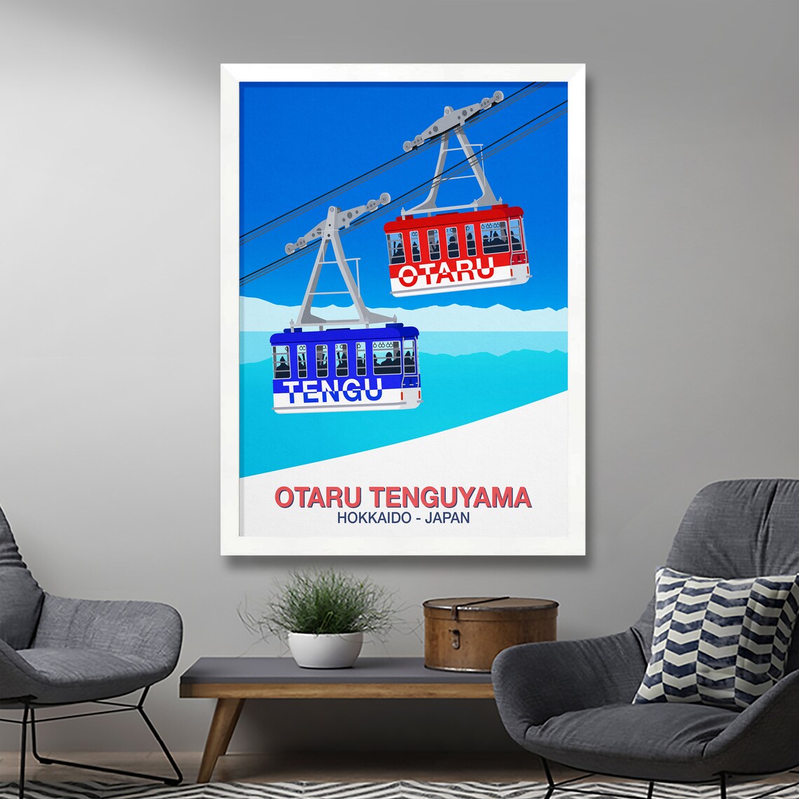 Otaru Tenguyama Ski Poster with Red and Blue Cable Cars Hokkaido Japan - Image 2