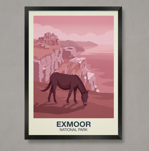 Exmoor National Park Travel Poster Pink Coastal Cliffs Pony Art