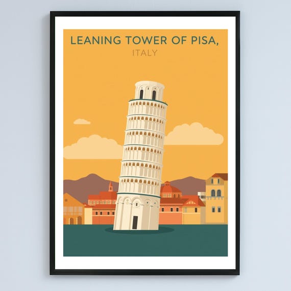 Leaning Tower Of Pisa Vintage Travel Illustration Warm Minimalist Italy Artwork Poster File
