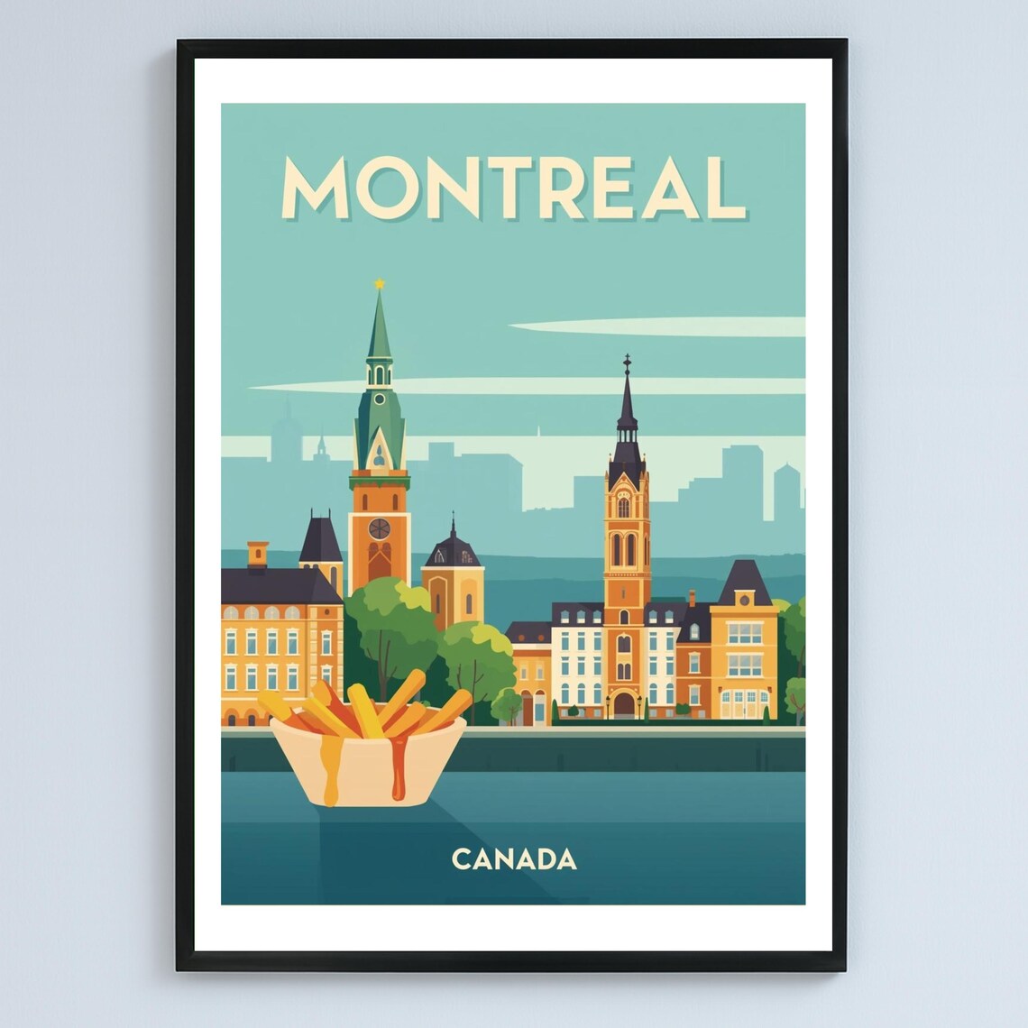 Montreal Canada Retro Travel Poster Church Spires Poutine Art Design
