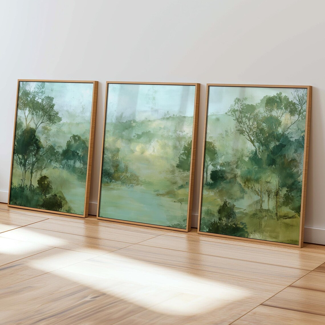 Green Landscape Wall Art Set Of 3, Botanical Watercolor