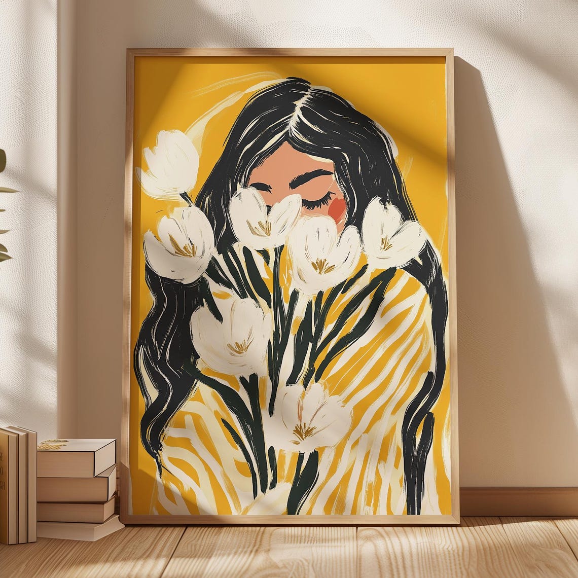Woman Holding White Tulips Yellow Abstract Floral Portrait Wall Art