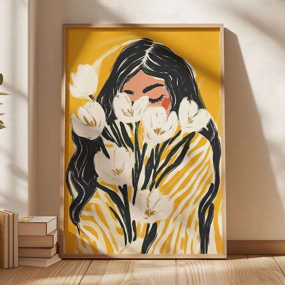 Modern Floral Woman Wall Art Print Yellow Abstract Portrait Contemporary Botanical Illustration Minimalist Home Decor Living Room