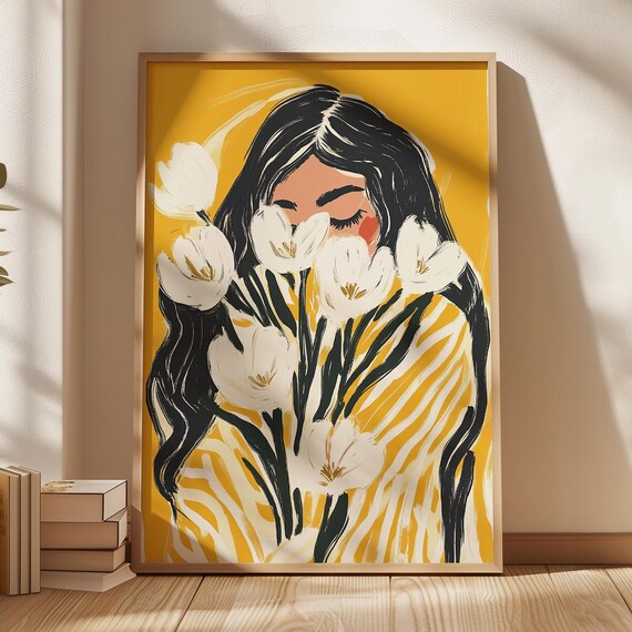 Woman Holding White Tulips Yellow Abstract Floral Portrait Wall Art