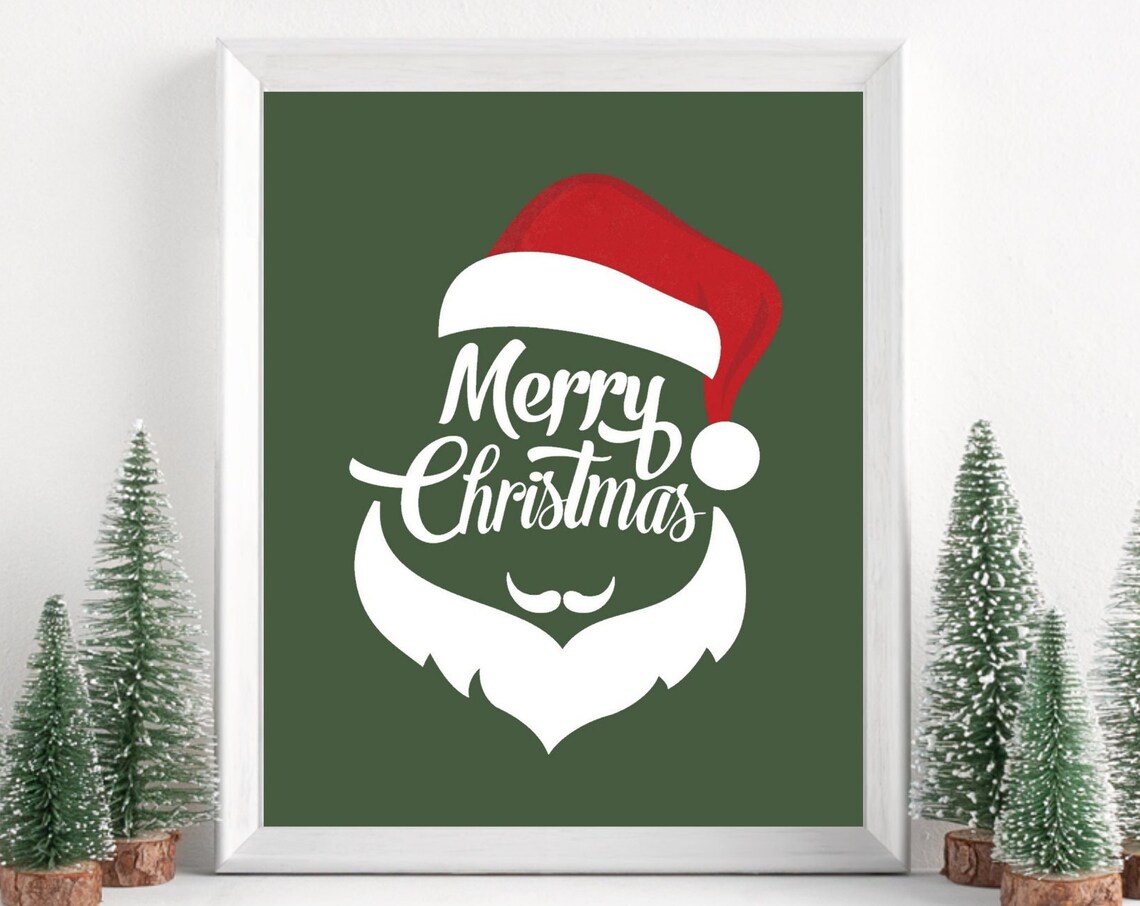 Merry Christmas Santa Beard Hat Green Holiday Seasonal Decor Poster
