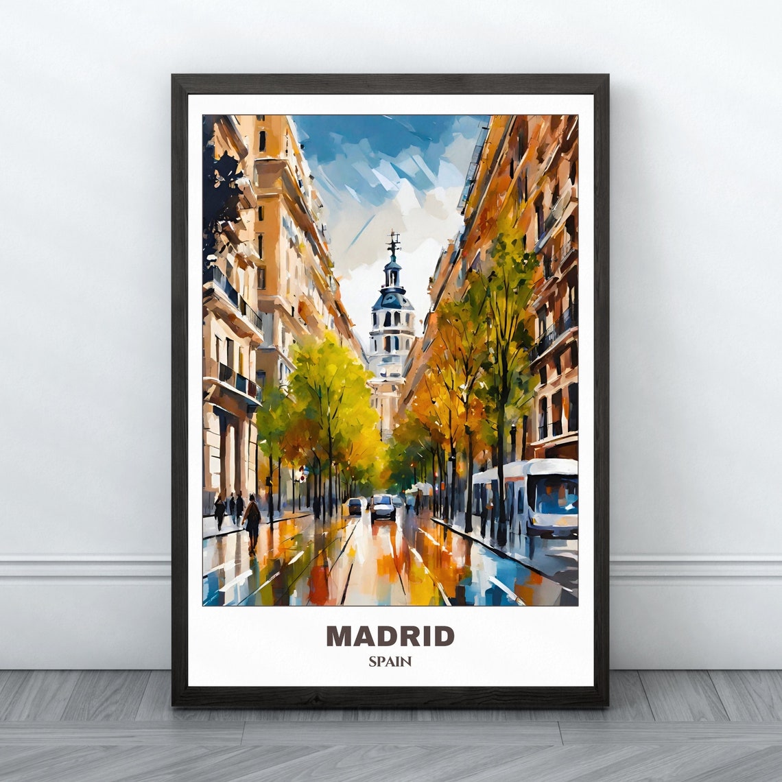 Madrid Spain Rainy Boulevard Oil Painting Autumn Trees Poster
