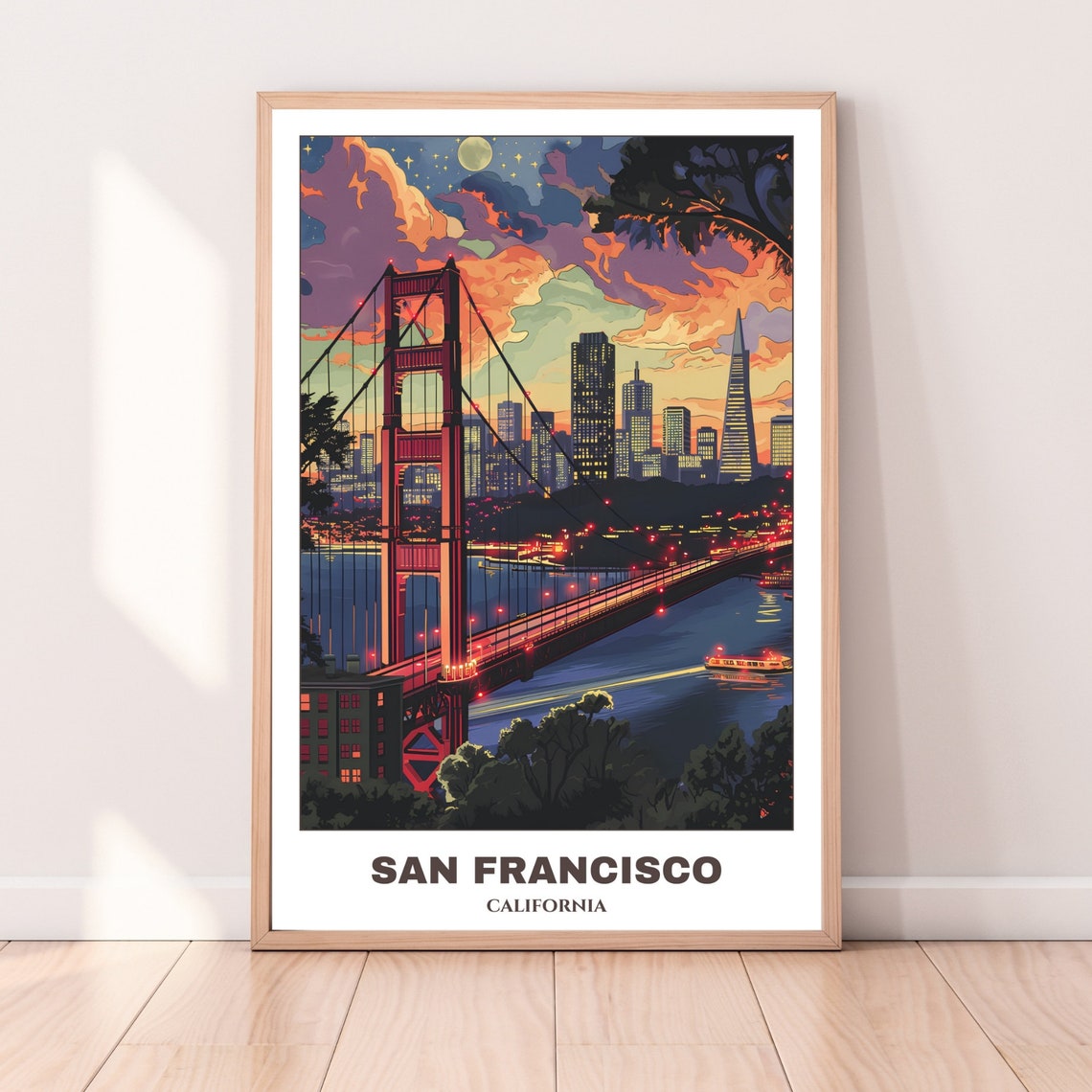 San Francisco Golden Gate Bridge Night Skyline Travel Poster - Image 3