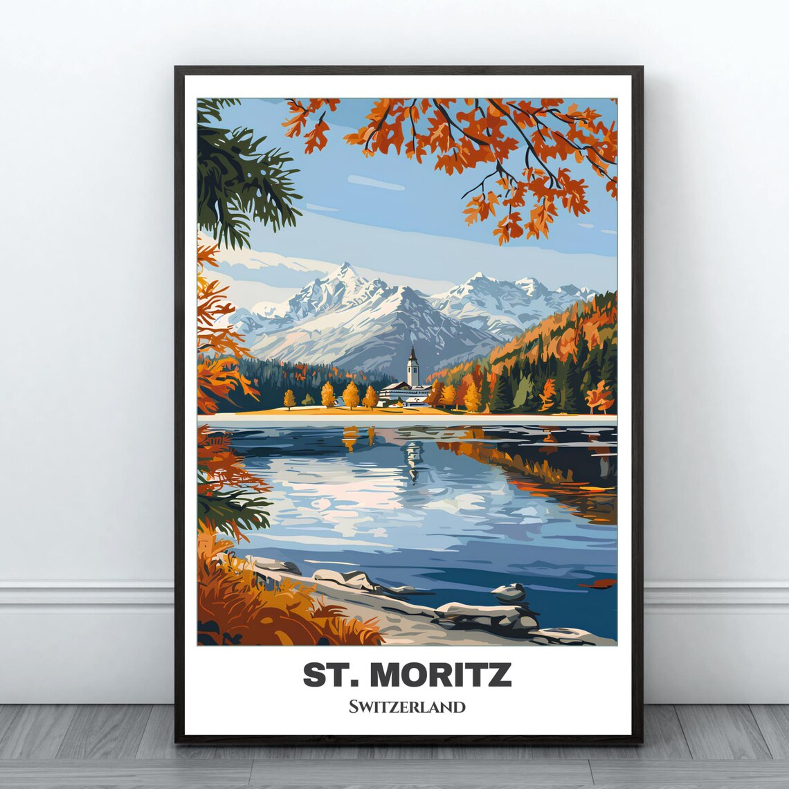 St Moritz Switzerland Alpine Lake Autumn Mountains Vintage Travel Poster