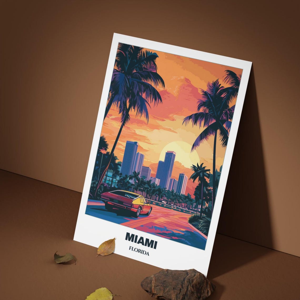 Miami Retro Sunset Classic Car Palm Trees Downtown Skyline Poster - Image 3
