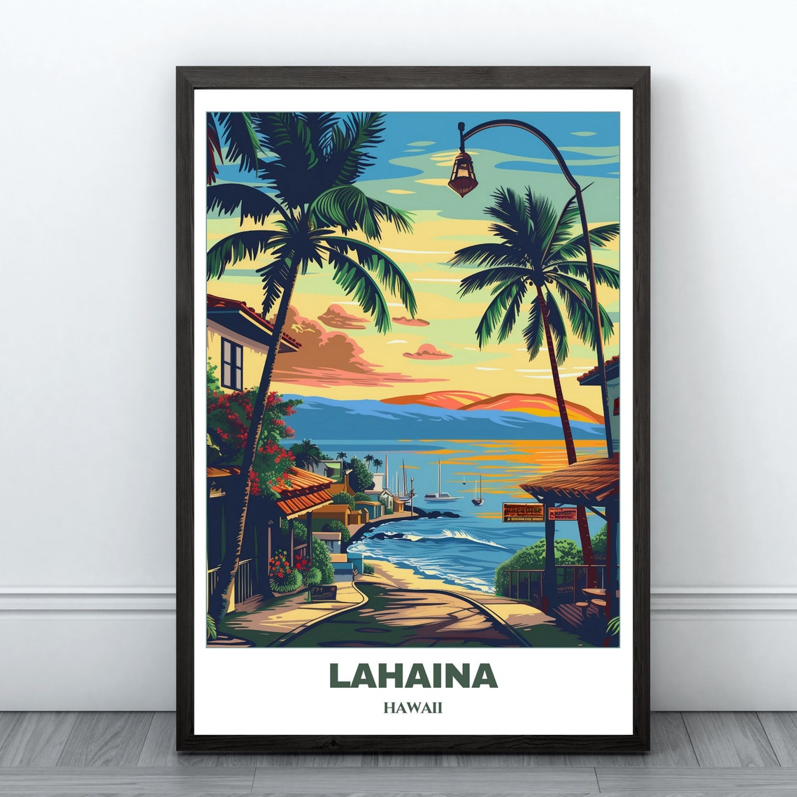Lahaina Hawaii Sunset Sailboats Palm Lined Shore Travel Poster
