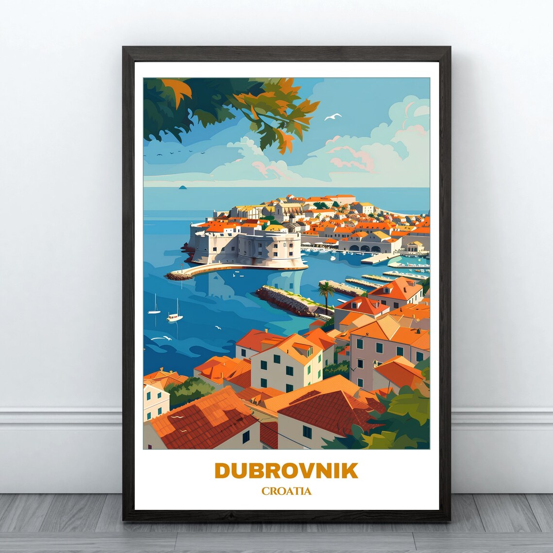Dubrovnik Croatia Old Harbor Fortress Blue Sea Travel Poster