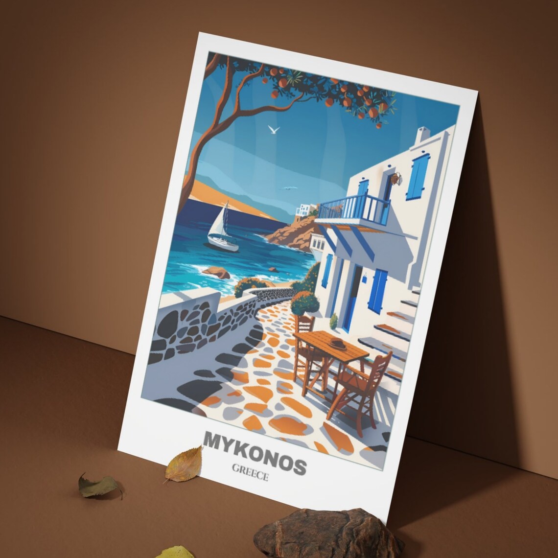 Mykonos Greece White Blue Houses Sailboat Harbor Travel Poster - Image 3