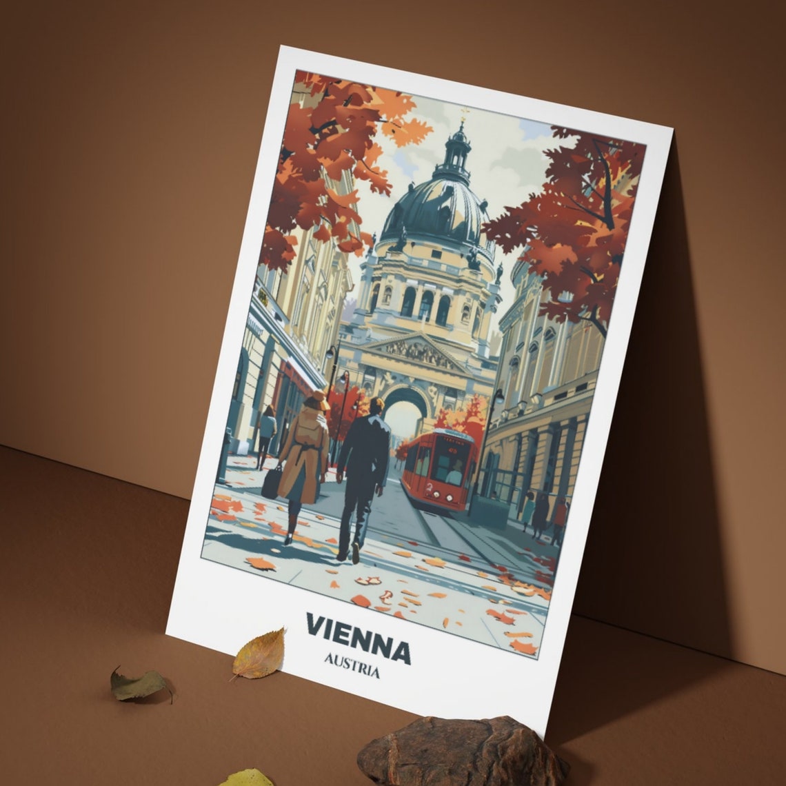 Vienna Austria Autumn Stroll Couple Red Tram Church Dome Poster - Image 3