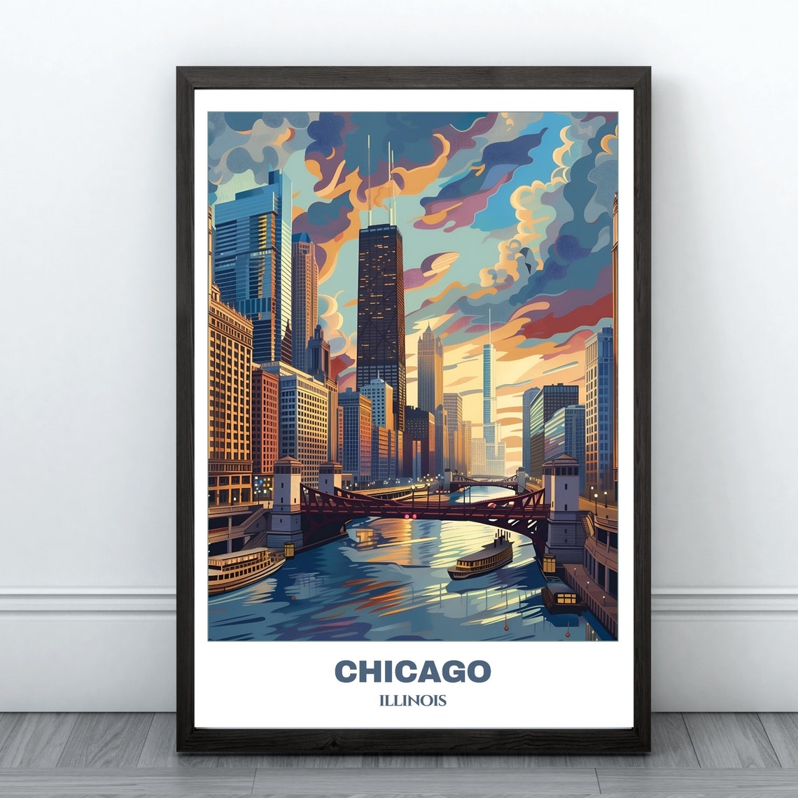 Chicago Illinois River Bridges Boats Golden Evening City Poster